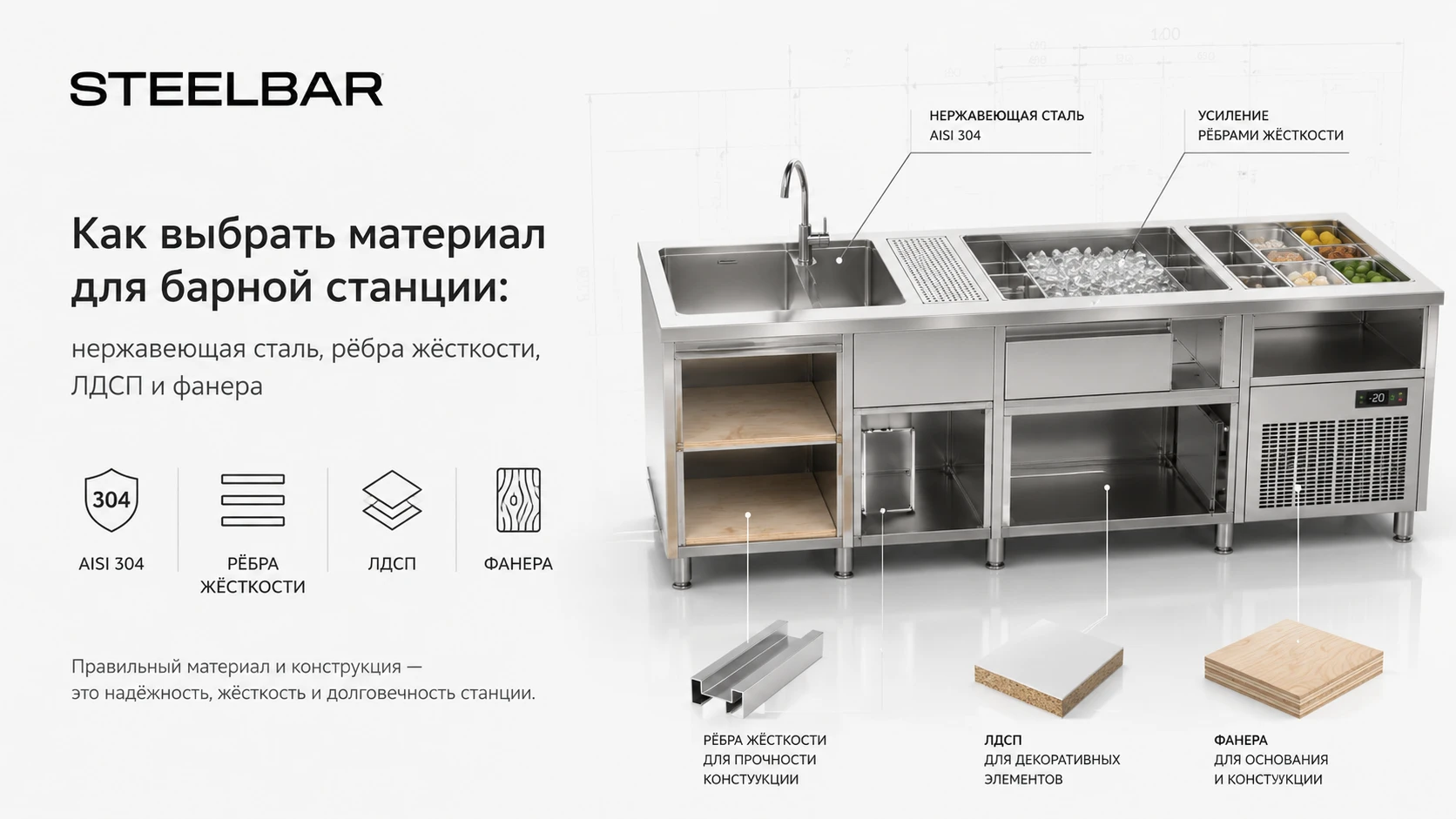 Как выбрать материал для барной станции: нержавеющая сталь, рёбра жёсткости, ЛДСП и фанера